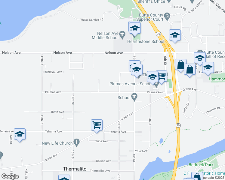 map of restaurants, bars, coffee shops, grocery stores, and more near 740 Plumas Avenue in Oroville