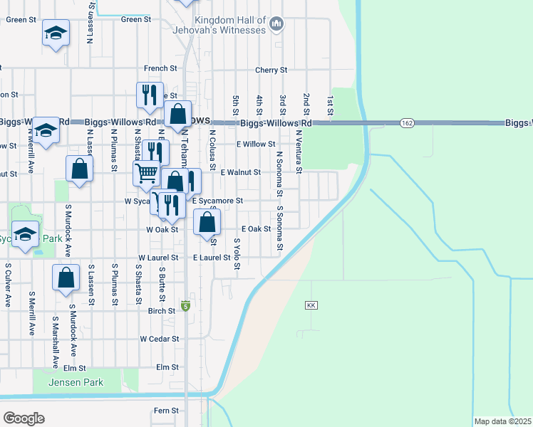 map of restaurants, bars, coffee shops, grocery stores, and more near 120 South Sacramento Street in Willows