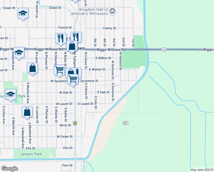 map of restaurants, bars, coffee shops, grocery stores, and more near 120 South Sacramento Street in Willows