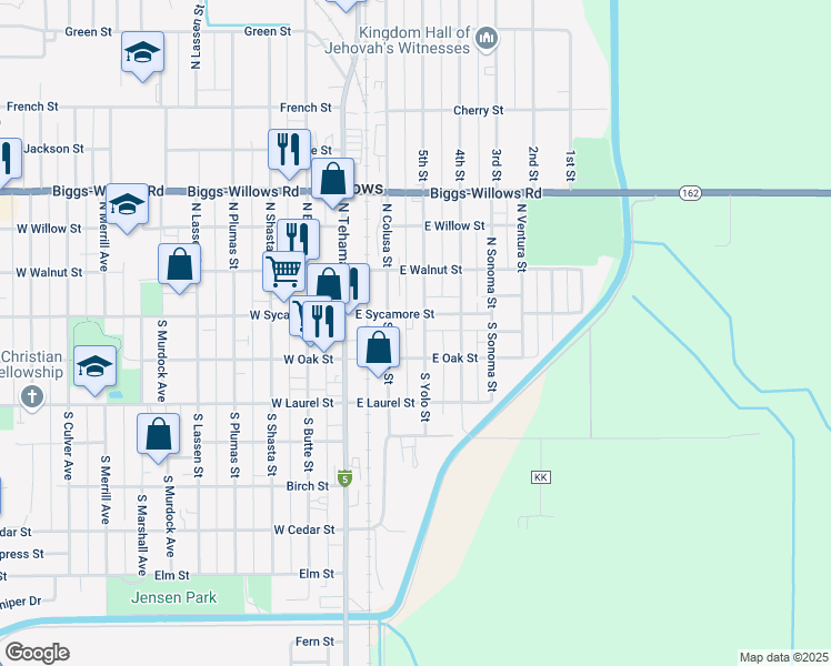 map of restaurants, bars, coffee shops, grocery stores, and more near 121 South Yolo Street in Willows