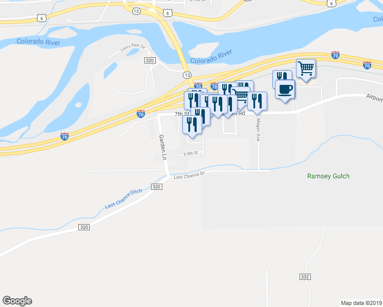 map of restaurants, bars, coffee shops, grocery stores, and more near 369 9th Street South in Rifle