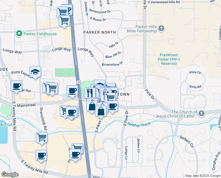 map of restaurants, bars, coffee shops, grocery stores, and more near 19716 Crestwood Court in Parker