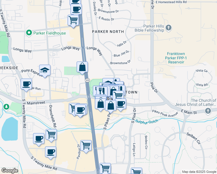 map of restaurants, bars, coffee shops, grocery stores, and more near 10781 Longs Way in Parker