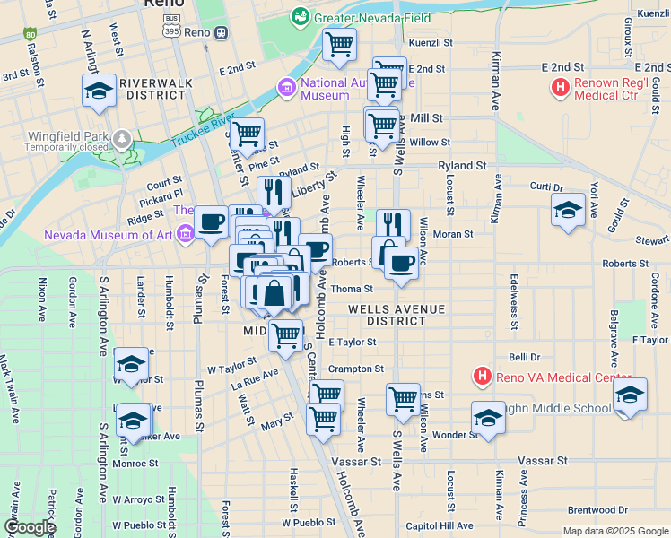 map of restaurants, bars, coffee shops, grocery stores, and more near 520 Holcomb Avenue in Reno