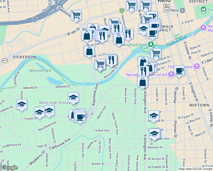 map of restaurants, bars, coffee shops, grocery stores, and more near 725 California Avenue in Reno