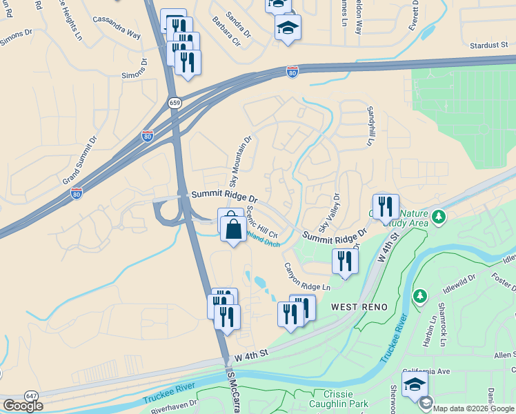 map of restaurants, bars, coffee shops, grocery stores, and more near 4775 Summit Ridge Drive in Reno