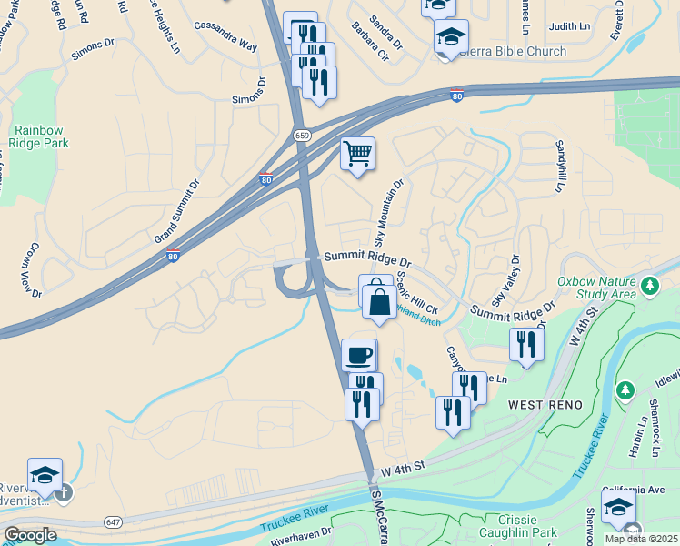 map of restaurants, bars, coffee shops, grocery stores, and more near in Reno