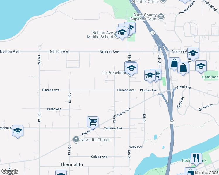 map of restaurants, bars, coffee shops, grocery stores, and more near 2037 7th Street in Oroville