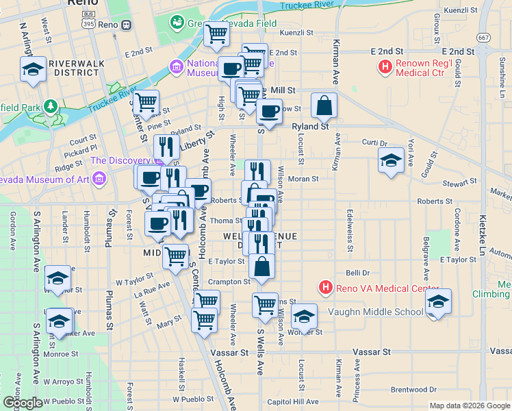 map of restaurants, bars, coffee shops, grocery stores, and more near 451 Roberts Street in Reno