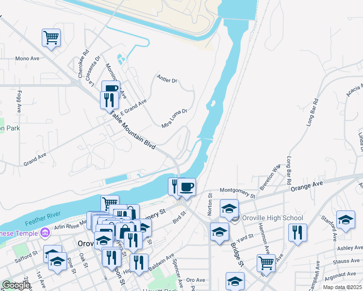 map of restaurants, bars, coffee shops, grocery stores, and more near 27 Riverview Terrace Drive in Oroville