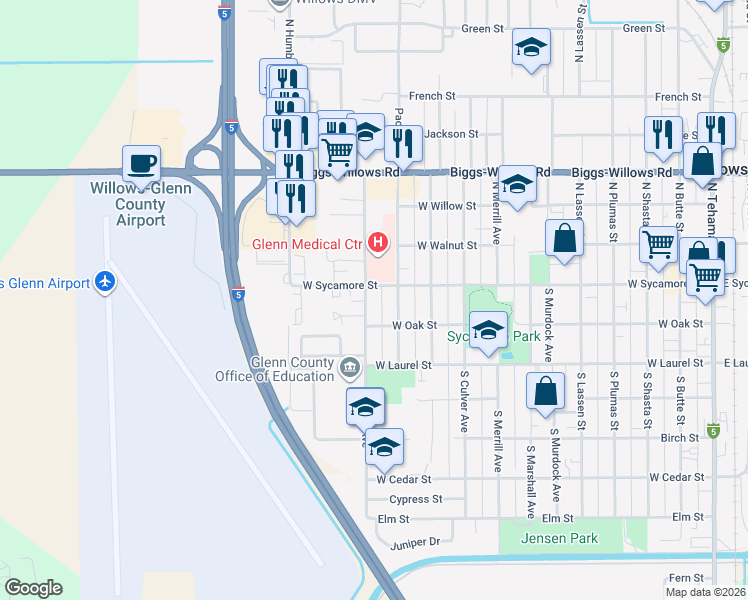 map of restaurants, bars, coffee shops, grocery stores, and more near 1134 West Sycamore Street in Willows