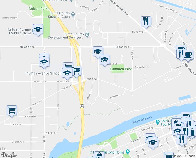 map of restaurants, bars, coffee shops, grocery stores, and more near Grand Avenue & 2nd Street in Oroville
