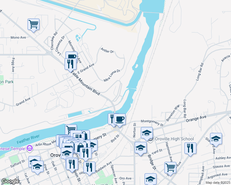 map of restaurants, bars, coffee shops, grocery stores, and more near 27 Riverview Terrace Drive in Oroville