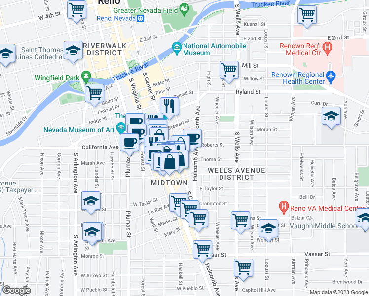 map of restaurants, bars, coffee shops, grocery stores, and more near 629 Sinclair Street in Reno