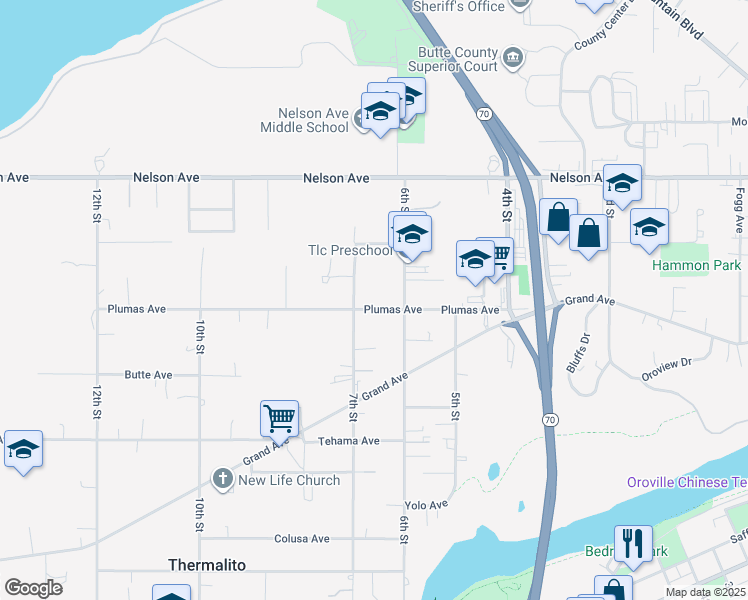 map of restaurants, bars, coffee shops, grocery stores, and more near 652 Plumas Avenue in Oroville