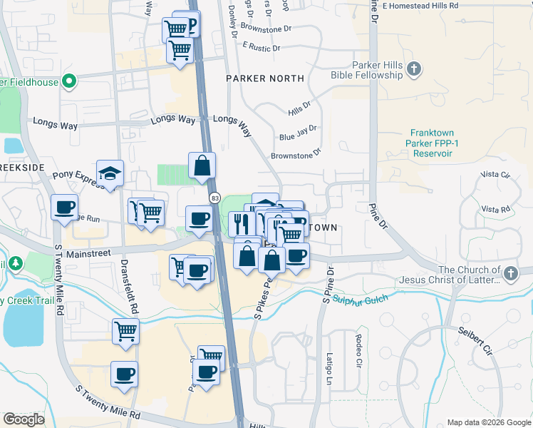 map of restaurants, bars, coffee shops, grocery stores, and more near 10781 Longs Way in Parker