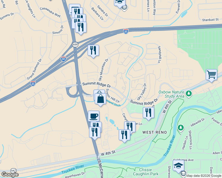 map of restaurants, bars, coffee shops, grocery stores, and more near 4775 Summit Ridge Drive in Reno