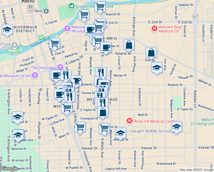 map of restaurants, bars, coffee shops, grocery stores, and more near 530 Roberts Street in Reno