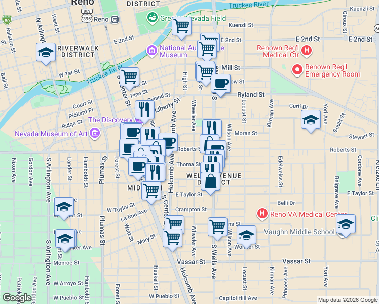 map of restaurants, bars, coffee shops, grocery stores, and more near 365 Roberts Street in Reno