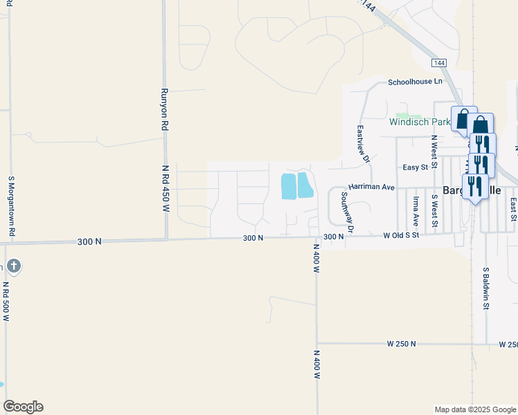 map of restaurants, bars, coffee shops, grocery stores, and more near 725 Woodway Lane in Bargersville