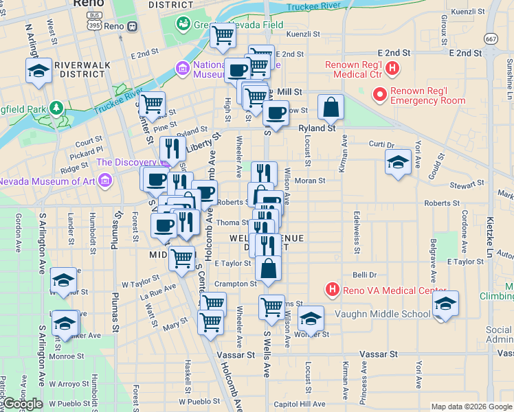 map of restaurants, bars, coffee shops, grocery stores, and more near 451 Roberts Street in Reno