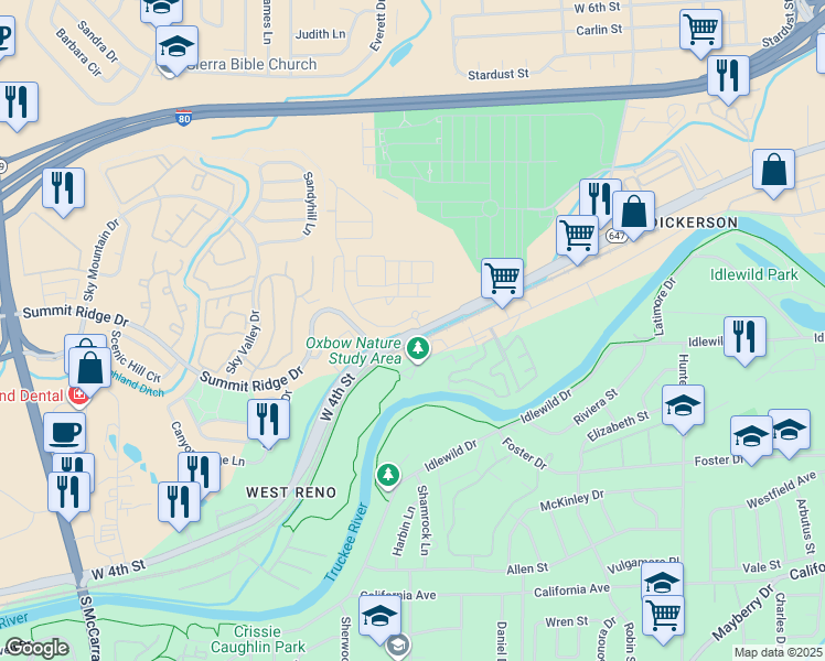 map of restaurants, bars, coffee shops, grocery stores, and more near 2999 W 4th St in Reno