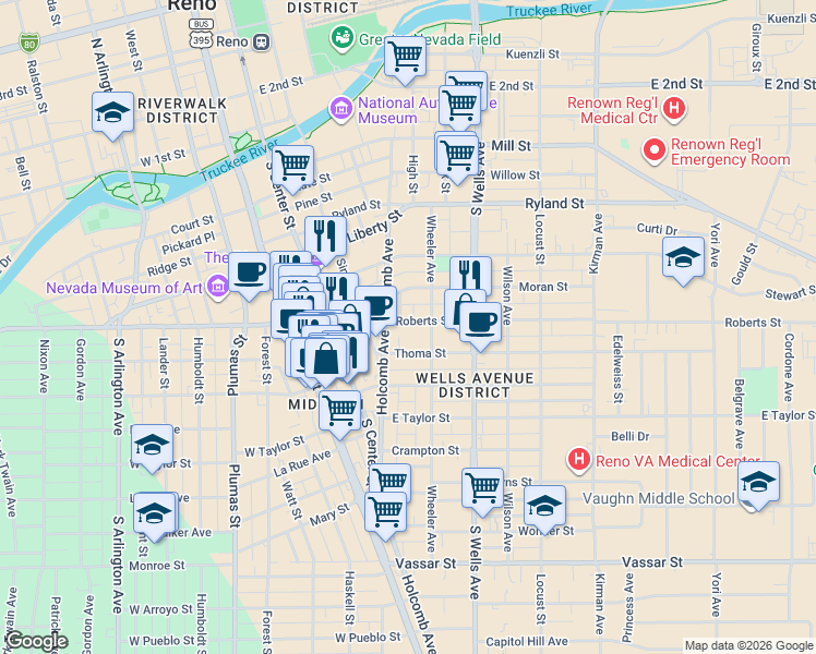 map of restaurants, bars, coffee shops, grocery stores, and more near 520 Holcomb Avenue in Reno