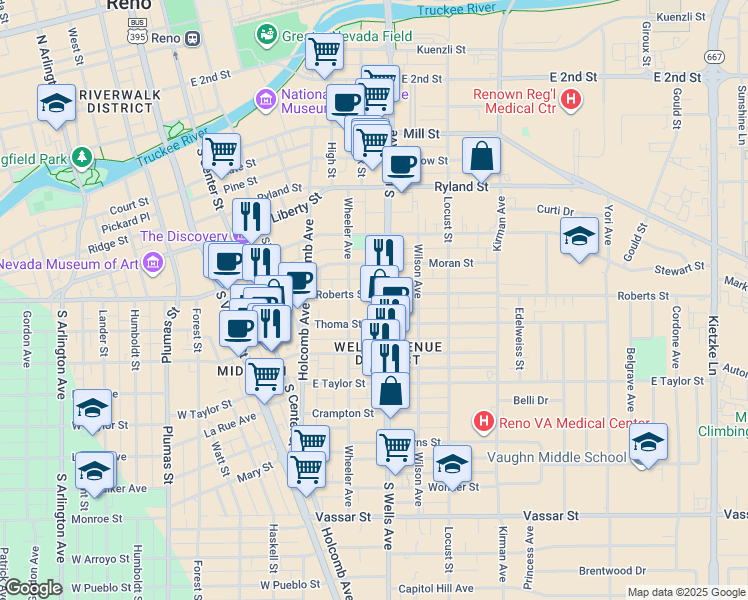 map of restaurants, bars, coffee shops, grocery stores, and more near 451 Roberts Street in Reno