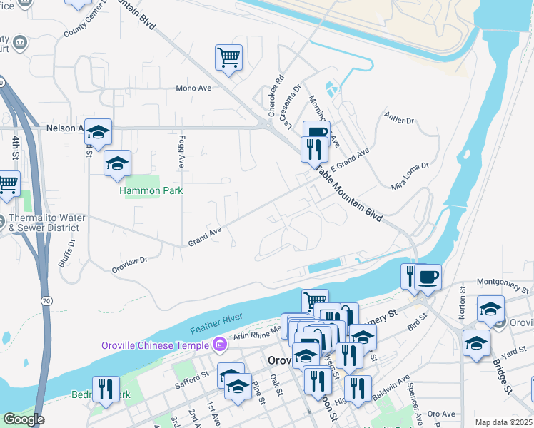 map of restaurants, bars, coffee shops, grocery stores, and more near 85 Tuscan Villa Drive in Oroville