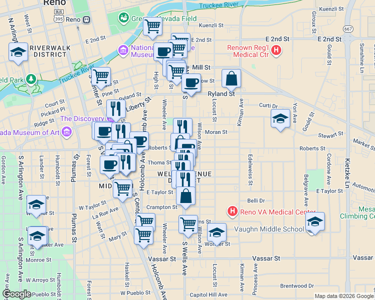 map of restaurants, bars, coffee shops, grocery stores, and more near 451 Roberts Street in Reno