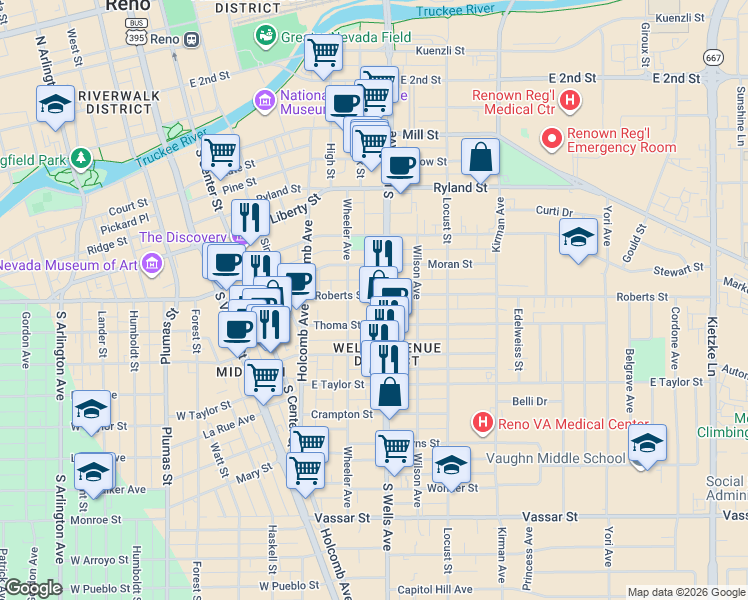 map of restaurants, bars, coffee shops, grocery stores, and more near 451 Roberts Street in Reno