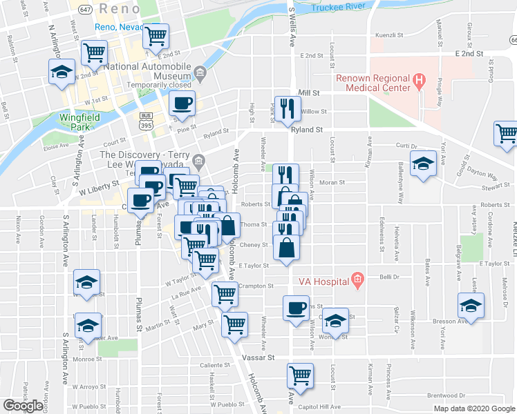 map of restaurants, bars, coffee shops, grocery stores, and more near 365 Roberts Street in Reno