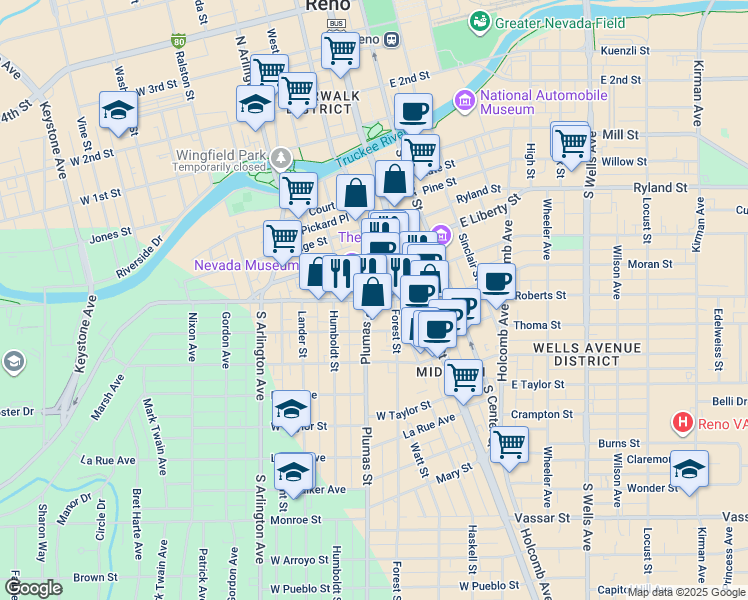 map of restaurants, bars, coffee shops, grocery stores, and more near 121 California Avenue in Reno