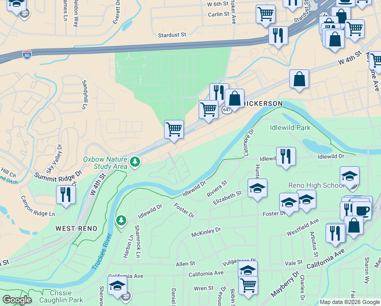 map of restaurants, bars, coffee shops, grocery stores, and more near 2500 Dickerson Road in Reno