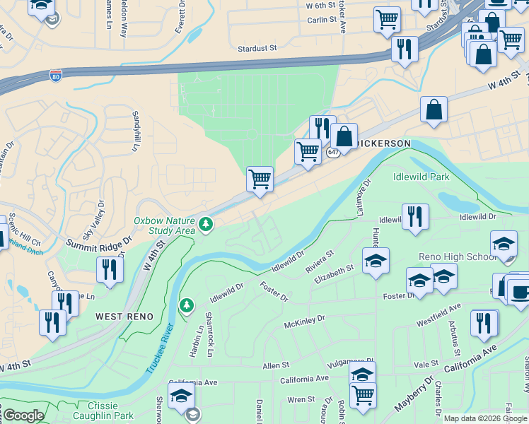 map of restaurants, bars, coffee shops, grocery stores, and more near 2555 Dickerson Road in Reno