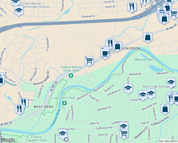 map of restaurants, bars, coffee shops, grocery stores, and more near 2555 Dickerson Road in Reno