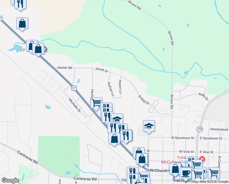 map of restaurants, bars, coffee shops, grocery stores, and more near 843 Dufour Lane in Oxford