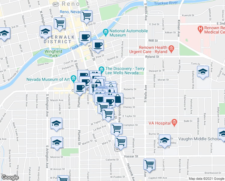 map of restaurants, bars, coffee shops, grocery stores, and more near 623 Sinclair Street in Reno