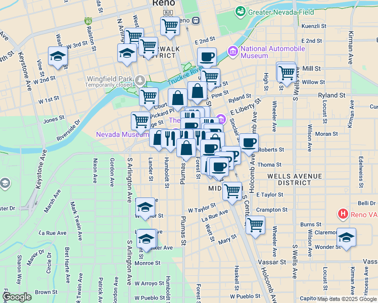 map of restaurants, bars, coffee shops, grocery stores, and more near California Ave & S Sierra St in Reno
