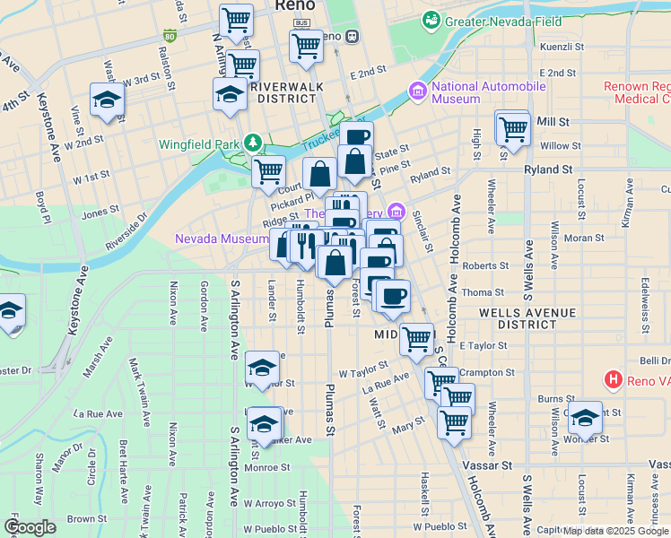 map of restaurants, bars, coffee shops, grocery stores, and more near 111 California Avenue in Reno