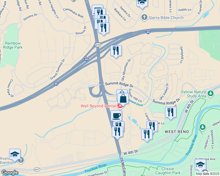 map of restaurants, bars, coffee shops, grocery stores, and more near 4880 Summit Ridge Drive in Reno