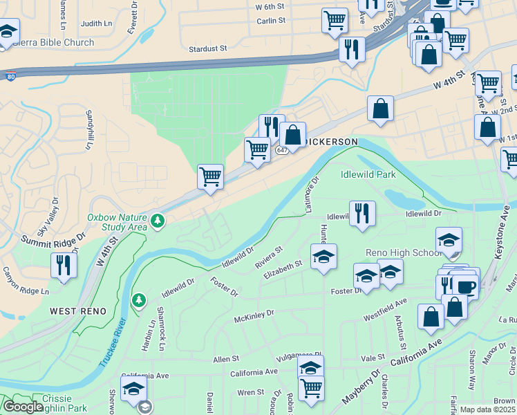 map of restaurants, bars, coffee shops, grocery stores, and more near 2300 Dickerson Road in Reno