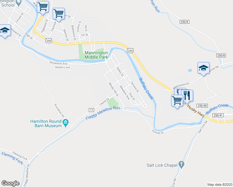 map of restaurants, bars, coffee shops, grocery stores, and more near Laurel Drive in Mannington