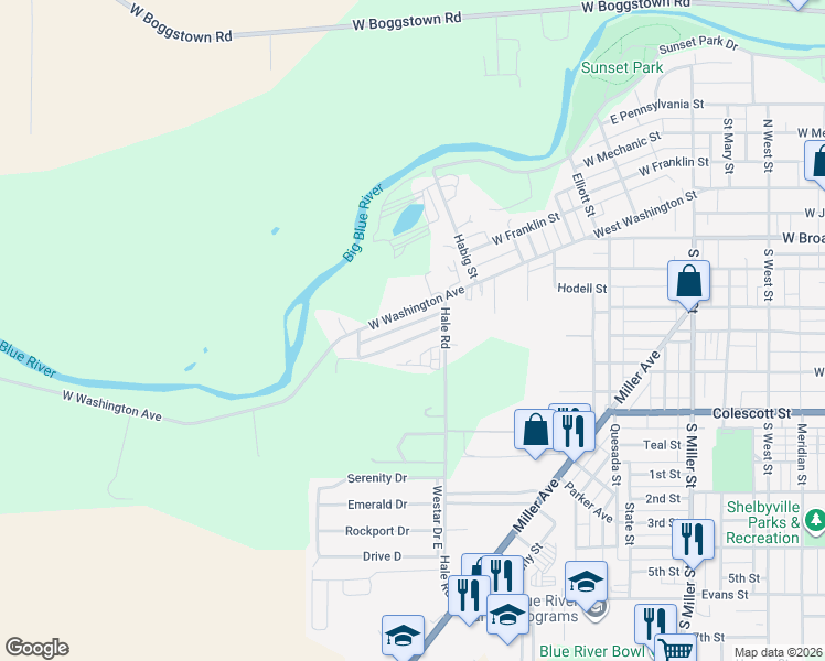 map of restaurants, bars, coffee shops, grocery stores, and more near 1091 West Washington Avenue in Shelbyville
