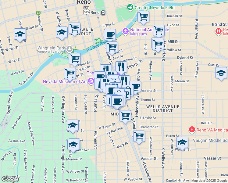map of restaurants, bars, coffee shops, grocery stores, and more near 599 South Center Street in Reno
