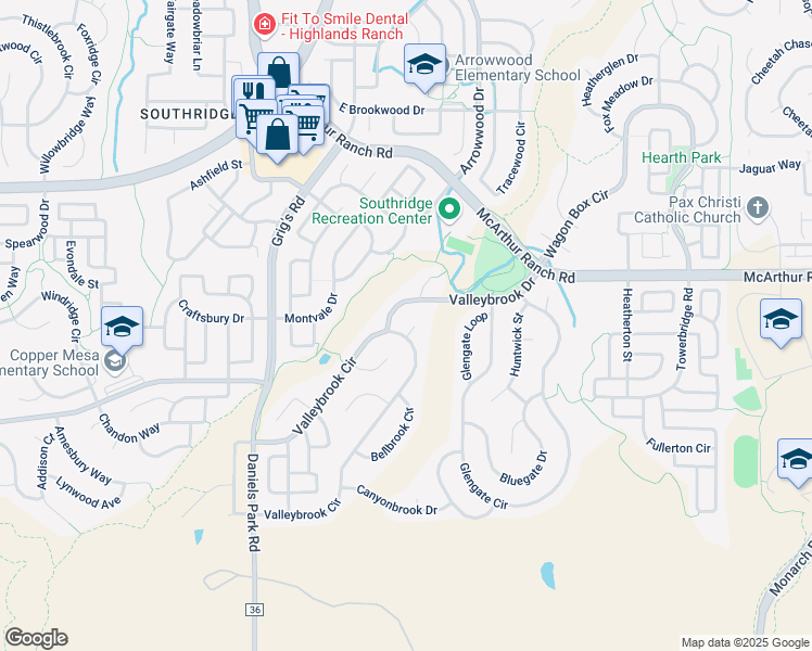 map of restaurants, bars, coffee shops, grocery stores, and more near 10795 Valleybrook Court in Highlands Ranch