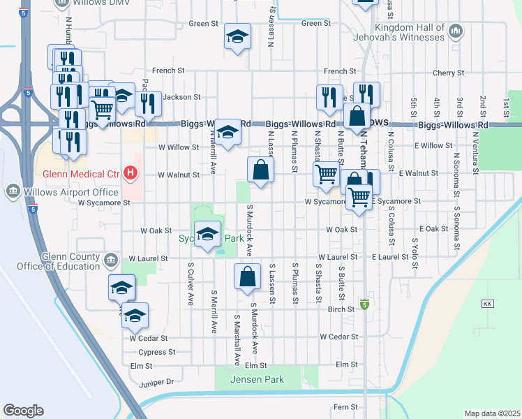 map of restaurants, bars, coffee shops, grocery stores, and more near 526 West Sycamore Street in Willows