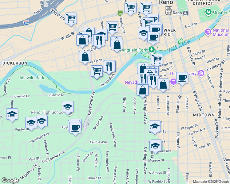 map of restaurants, bars, coffee shops, grocery stores, and more near 631 California Avenue in Reno