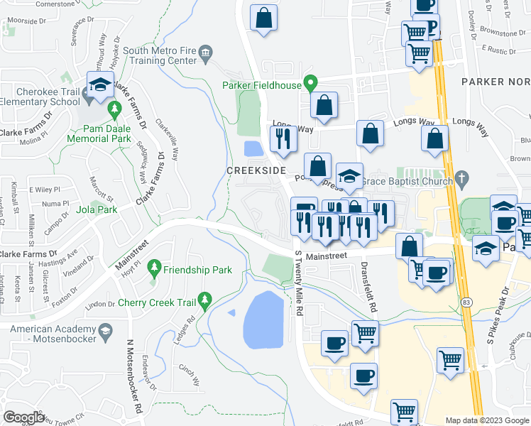 map of restaurants, bars, coffee shops, grocery stores, and more near 18289 Mainstreet in Parker