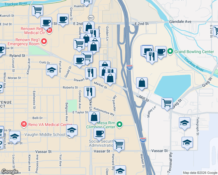 map of restaurants, bars, coffee shops, grocery stores, and more near 2061 Market Street in Reno